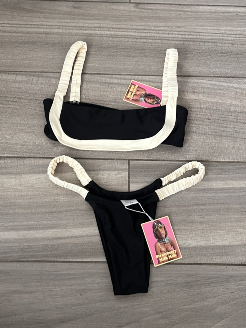 Strawberry Milk Mob- Black & Cream Two-Piece Bikini Set - size XS